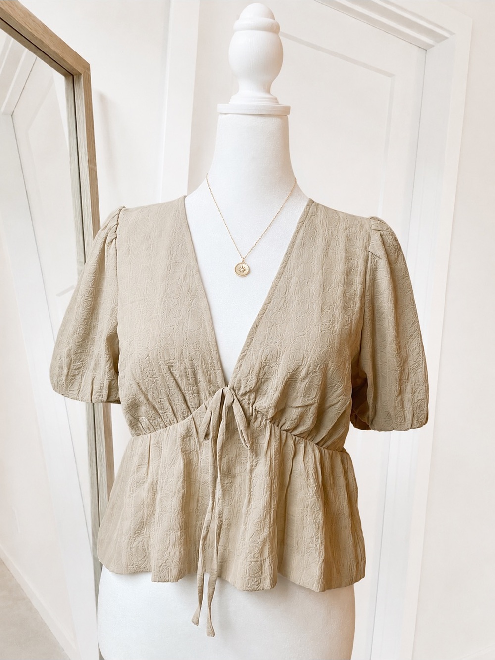 OAK + FORT Beige Puff Sleeve Tie-Front Top